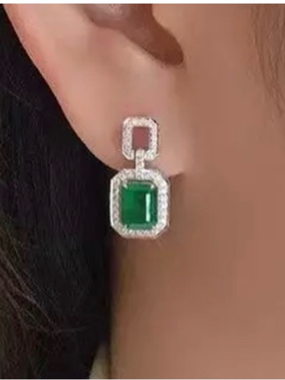 Elegant Green Crystal Drop Earrings Silver Tone